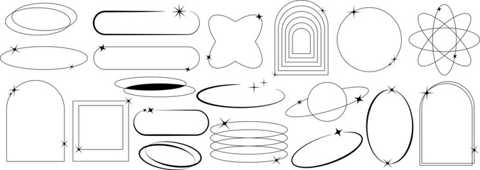 Poster - Modern minimalist aesthetic linear frames. Retro stars, starburst icons and minimalist frames and borders with twinkle star. Oval frame figures with sparkles. Vector illustration EPS 10