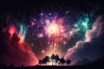 Canvas Print - Background of the milky way with fireworks in it. Generative AI