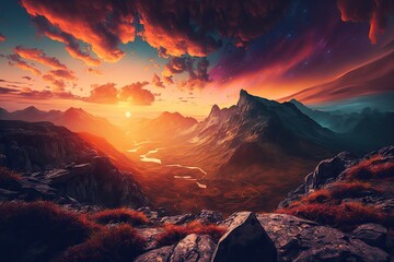 Poster - Incredible mountainous landscape with a vibrantly colored sunset against a cloudy sky. beauty industry. Generative AI