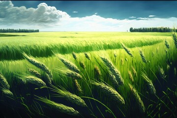 Poster - A fresh, green wheat field in the springtime. Generative AI