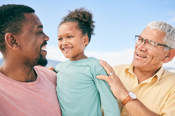 Wall Mural - Beach, grandfather and dad with child on holiday in South Africa with love, happiness and fun. Travel, happy black family and smile on summer vacation for men and kid bonding together for fathers day