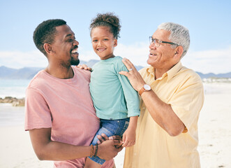 Canvas Print - Grandpa, dad and girl on beach holiday in South Africa with love, happiness and freedom together. Travel, happy black family and generations smile, bonding and fun on summer vacation for men and kid