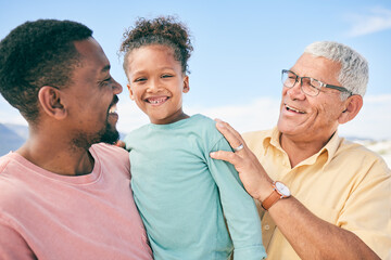 Wall Mural - Generations, grandfather and dad with child on beach holiday in South Africa with love, happiness and freedom. Travel, happy black family and smile on summer vacation for men and kid bonding together