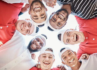 Canvas Print - Portrait, face or sports people in huddle with support, hope or faith on baseball field in game together. Teamwork, happy people or group of excited softball athletes with goals, unity or motivation