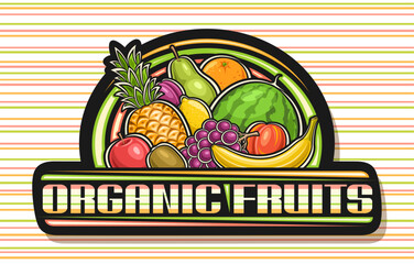 Vector logo for Organic Fruits, black decorative signboard with illustration of group juicy sweet fruits, dark badge with unique brush lettering for text organic fruits on colorful striped background