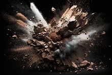 Against A Black Background, Split Pieces Of Brown Stone Explode With Brown Powder. Generative AI