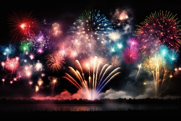 Canvas Print - A massive and vibrant display of fireworks illuminates the night sky during a celebration. Generative AI