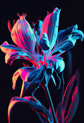 Wall Mural - Vibrant Neon Lily on dark background - AI Generative 