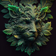 Highly detailed incredibly ornate decorative green man as a cat face closeup. Created using ai generative. 