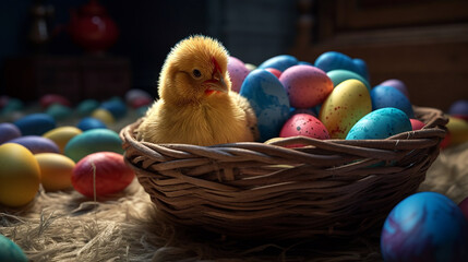 Yellow fluffy easter chicken sits in a nest with and easter eggs. Generative AI