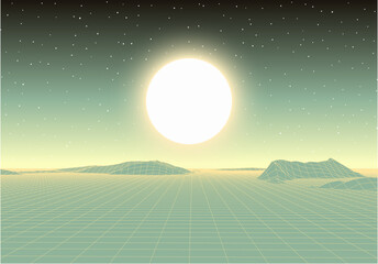 Poster - Retro futuristic landscape with mountains and sun in deep space. 80s styled synthwve landscape with sunrise over alien planet.