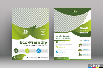 Wall Mural - Green eco flyer, poster, brochure, magazine, annual report, booklet, cover banner template. Modern green leaf, environment design. Size A4 CMYK Vector illustration. Vector