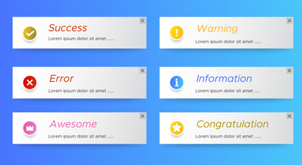 Various notification window templates. The layout of the smartphone warning or message interface. Windows of websites and applications. Vector illustration