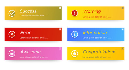 Various notification window templates. The layout of the smartphone warning or message interface. Windows of websites and applications. Vector illustration