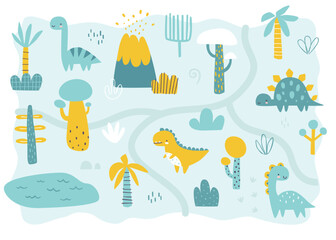 Wall Mural - jurassic landscape cute map for kids. cartoon dino map print for boys carpet. prehistoric valley map
