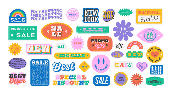 Colorful business sale sticker collection. Set of trendy retro 90s cartoon label for store discount, online promotion or social media post. Fun y2k style graphic element bundle.	