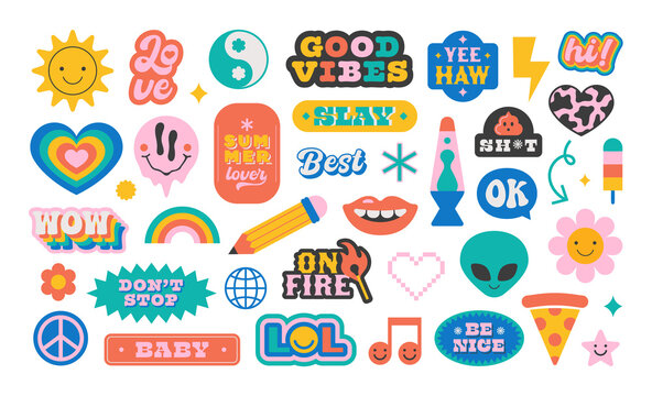 Colorful vintage label shape set. Collection of trendy retro sticker cartoon shapes. Funny comic character art and quote sign patch bundle.	