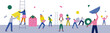© Dedraw Studio - Diverse people working together with colorful geometric shapes in empty copy space office background. Modern flat cartoon style concept for analytics organization, business teamwork or social event.