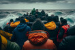 Crowd of people of illegal migrants crosses the state border across the sea in a crowded boat, a dangerous journey to another country. Generative AI