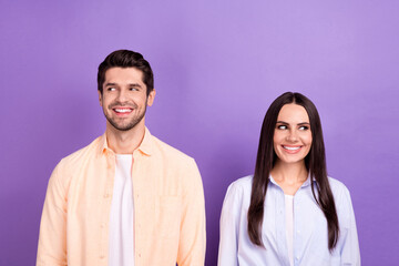 Sticker - Portrait of minded cheerful people beaming smile look interested empty space isolated on purple color background