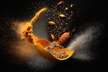 Sticker - Pepper flying in the air and orange spice powder explosion on a black background. Freeze frame a video. Generative AI