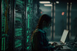© jambulart - Medium shot of female technician working on a laptop in a data center full of rack servers running diagnostics and maintenance on the system, generative ai