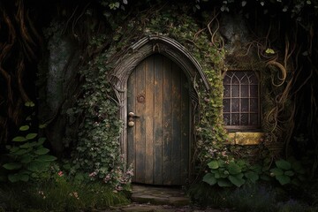  A tiny door amid the magnificent garden. Generative AI