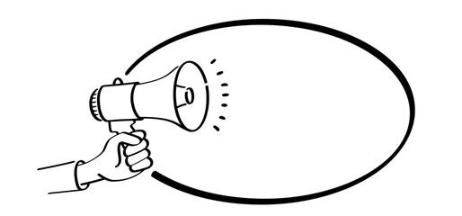 Poster - Cartoon megaphone, microphone to speak message symbol or logo. loudspeaker, microfoon pictogram. Horn, announcing for atention talk. Megaphone amplifier. Drawing talking news or for protest. Bullhorn.