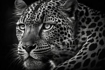 a close up black and white portrait of a leopard. generative ai