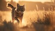 Katze läuft im Sonnenuntergang auf einem Feld, Mäuse jagen, Golden Hour, generative AI