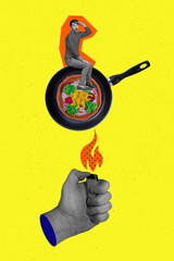 Poster - Photo collage artwork minimal picture of funky guy sitting frying pan arm holding lighter isolated drawing background