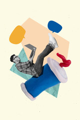 Poster - Collage artwork graphics picture of impressed guy typing gadget sitting soda cup isolated painting background