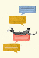 Poster - Exclusive magazine picture sketch collage image of excited guy chatting instagram twitter telegram isolated painting background