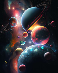 A colorful illustration of multicolored planets stars and galaxies suspended in space. Zodiac Astrology concept. AI generation.