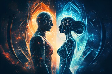 Wall Mural - man and woman standing together against abstract futuristic background. human souls couple in love. 