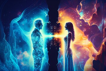 Wall Mural - man and woman standing together against abstract futuristic background. human souls couple in love. 