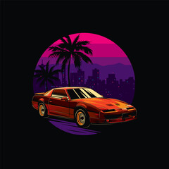 Original vector illustration in vintage style. Bright design in the spirit of the 80-90s. Retro car on the background of palm trees, mountains and the night city. T-shirt design.