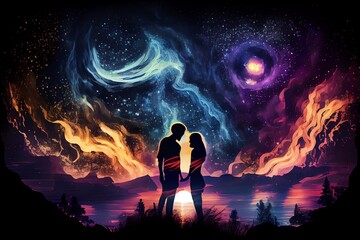 Wall Mural - couple in love, magic cosmic view of man and woman at night, illustration. generative ai