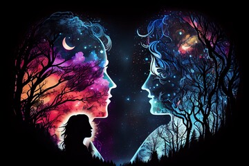 Wall Mural - couple in love, magic cosmic view of man and woman at night, illustration. generative ai