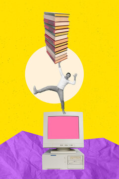 Creative template graphics collage image of funny guy holding book pile walking vintage computer isolated drawing background