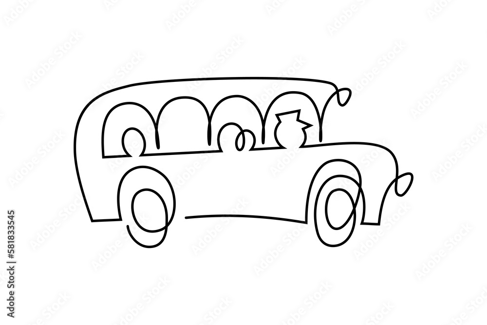 Cartoon bus in continuous line art drawing style. Funny doodle bus with passengers black linear design isolated on white background. Vector illustration