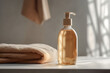 Cosmetic liquid soap dispenser bottle mockup and a towel in a bathroom. Generative ai