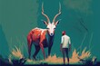 A boy standing near springbok  against the backdrop of a forest. Fantasy concept , Illustration painting. Generative AI