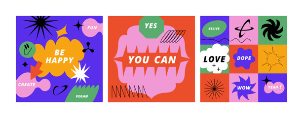 Vector set labels or stickers with positive motivational quotes. Y2k style shapes for social media.