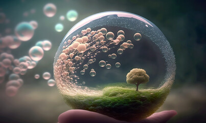 Wall Mural - Environment concept with sphere. Environment enclosed in bubbles. It is meant to depict the vulnerability of nature. Protect and take care of your environment. AI generated illustration.