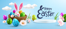 Easter Poster Or Banner Template With Cute Bunny,Easter Eggs In The Nest And White Podium On Blue Background.Greetings And Presents For Easter Day.Promotion And Shopping Template For Easter