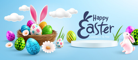 easter poster or banner template with cute bunny,easter eggs in the nest and white podium on blue ba