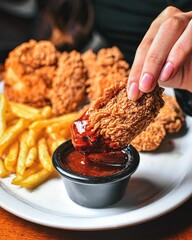 Vertical closeup of a female hand dipping fried chicken into hot sauce with a side of french fried