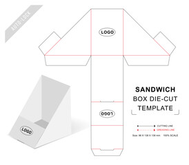 Triangle Sandwich box die cut template with 3D blank vector mockup for food packaging