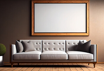 Wall Mural - Modern living minimal room with empty canvas or wall decor frame in center above sofa. Product presentation advertisement background, image and photograph art display, mock up editor.